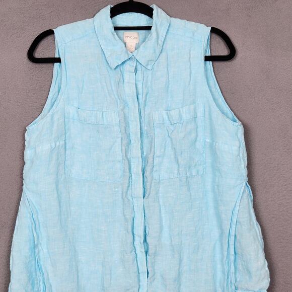 Chico's Linen Shirt Womens Large Size 2 Blue Sleeveless Button Front Tunic Lined - Picture 5 of 12